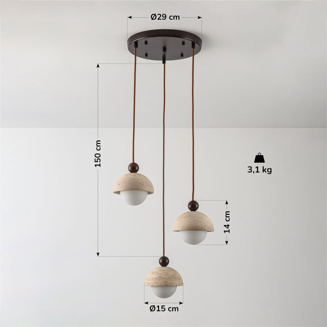3-flammige Pendelleuchte Vara - Travertin (Naturstein) und milchweißes Glas, rund