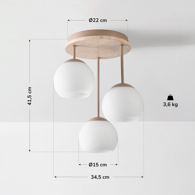 Deckenlampe Carati aus Travertin (Naturstein) mit milchweißem Glas, 3-flammig in Beige