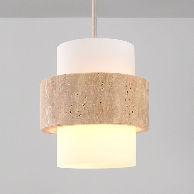 Hängeleuchte Yuki mit Travertin und milchweißem Glas - Beige