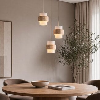 Pendelleuchte Sani mit 3 Schirmen aus Travertin und Milchglas - Beige
