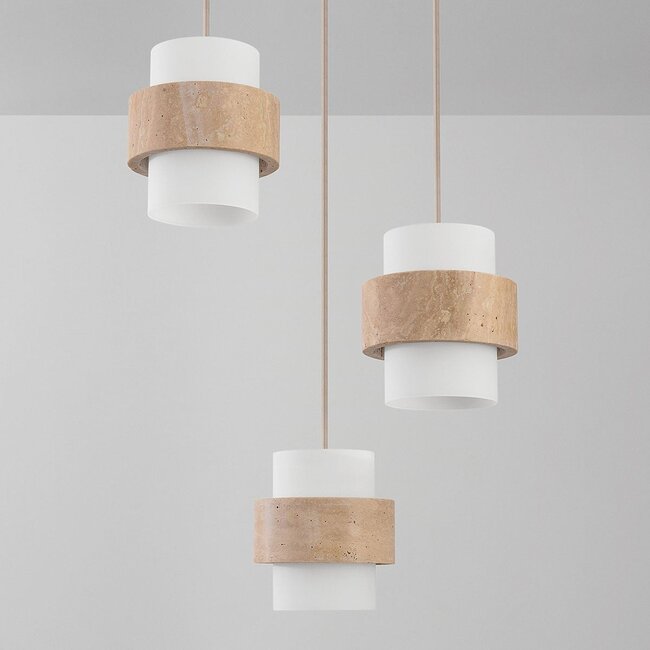 Pendelleuchte Sani mit 3 Schirmen aus Travertin und Milchglas - Beige