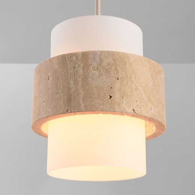 Hängelampe Flari mit 3 Schirmen aus Travertin und milchweißem Glas - Beige