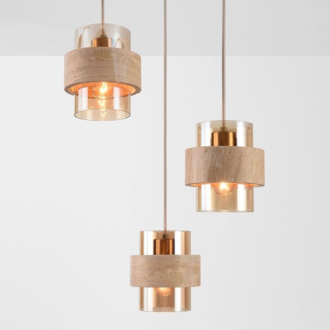 Pendelleuchte Sani mit 3 Schirmen aus Travertin und amber Glas - Beige