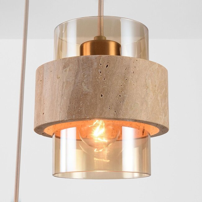 Pendelleuchte Sani mit 3 Schirmen aus Travertin und amber Glas - Beige