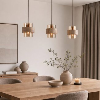 Pendelleuchte Flari mit 3 Schirmen aus Travertin und amber Glas - Beige