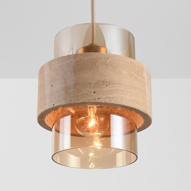 Pendelleuchte Flari mit 3 Schirmen aus Travertin und amber Glas - Beige