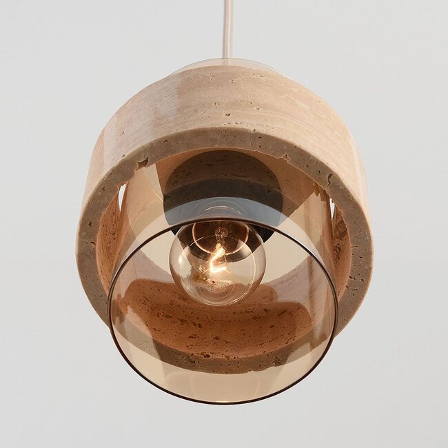 Pendelleuchte Flari mit 3 Schirmen aus Travertin und amber Glas - Beige