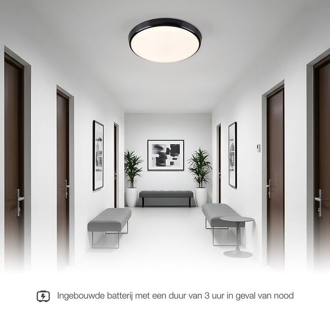Deckenleuchte schwarz Ø35,2 cm mit Notlichteinheit - CCT-Schalter 3000K/4000K/6000K