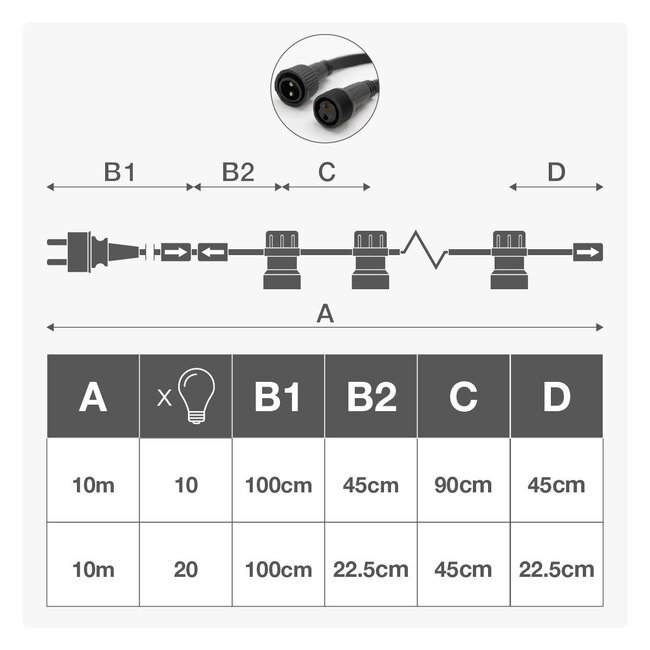 Guirlande guinguette de 10 mètres avec fiche et raccords montés 10, 15, 20 ou 30