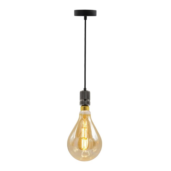 Suspension à cordon industrielle noir brillant incl. ampoule filament à double étage 10W, verre ambré, 2000K, Ø160 mm