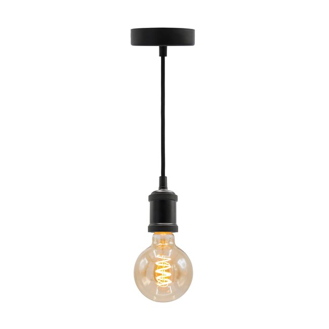 Suspension à cordon moderne noir mat incl. ampoule spirale horizontale 5W, verre ambré, 1800K, Ø95 mm