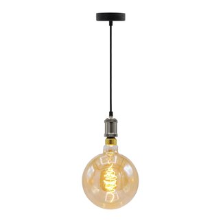 Suspension à cordon moderne argentée incl. ampoule XXXL 8,5W à 10W, verre ambré, 2000 K, Ø200 mm