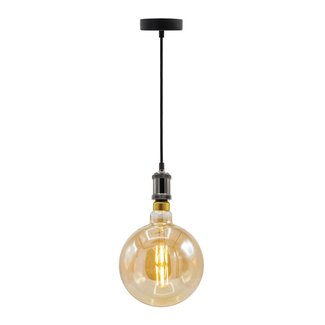 Suspension à cordon moderne noir brillant incl. ampoule XXXL 8,5W à 10W, verre ambré, 2000 K, Ø200 mm