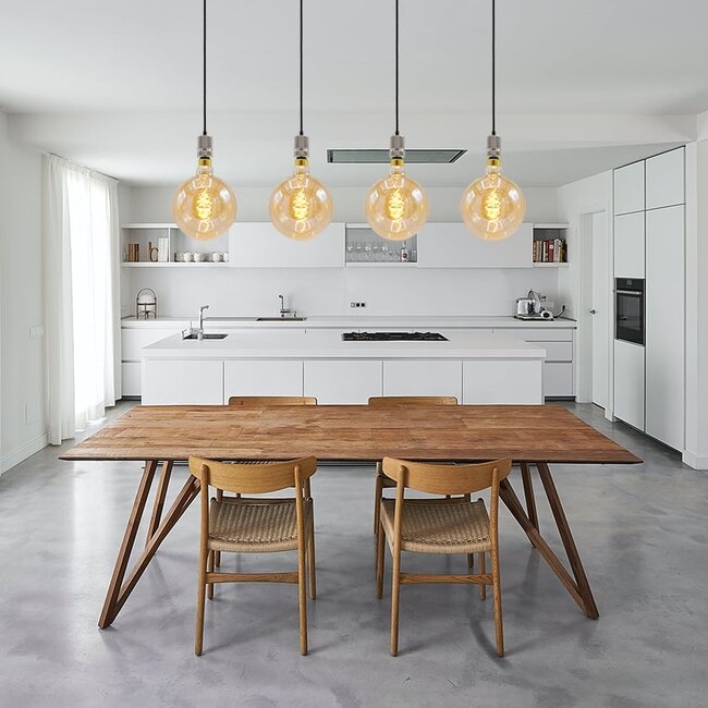 Suspension industriel effet argent et noir mat avec ampoule XXXL 8.5W à 10W, verre ambré, 2000K, Ø200