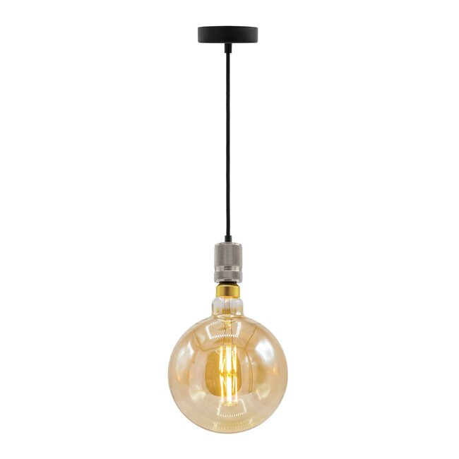 Suspension industriel effet argent et noir mat avec ampoule XXXL 8.5W à 10W, verre ambré, 2000K, Ø200