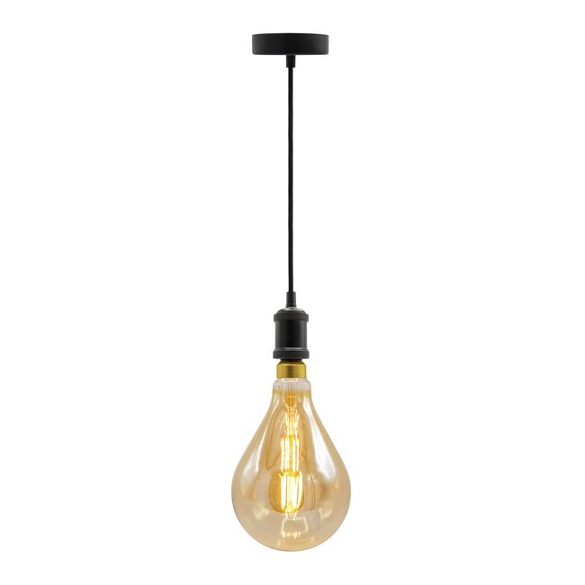 Suspension moderne en cordon noir mat avec lampe XXL 8,5W à 10W, verre ambré, 2000K, Ø160