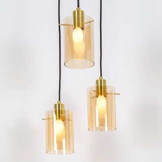 Suspension moderne noire mate et or sable avec verre ambré 3 lumières - Arlington