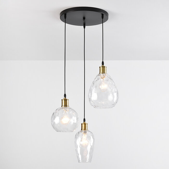 Lampe suspendue design verre transparent à l'effet cabossé 3-lumières - Verona