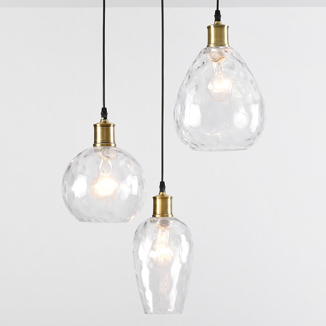Lampe suspendue design verre transparent à l'effet cabossé 3-lumières - Verona