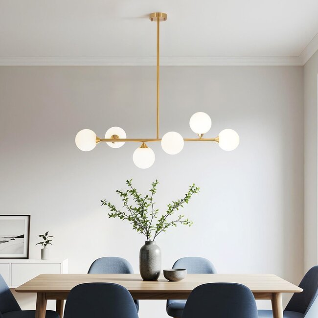 Suspension design dorée avec verre blanc laiteux, 6 lumières - Aster