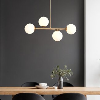 Suspension design doré avec verre blanc laiteux, 4 lumières - Asun