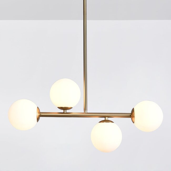 Suspension design doré avec verre blanc laiteux, 4 lumières - Asun