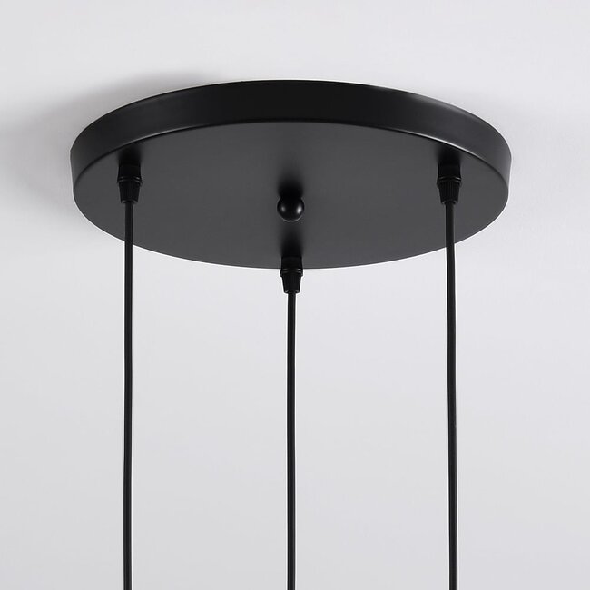 Suspension design 3 lumières Sita - noir et doré avec verre ambré