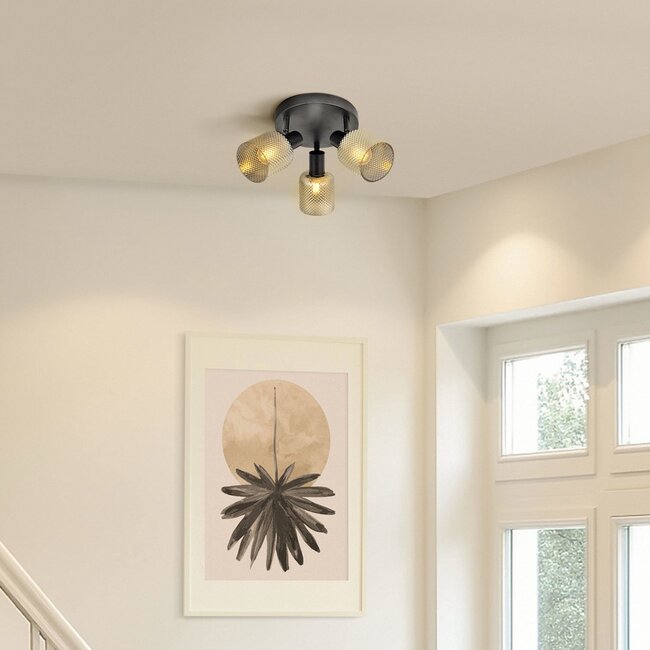 Plafonnier noir mat avec verre gris fumé 3 lumières - Jersey