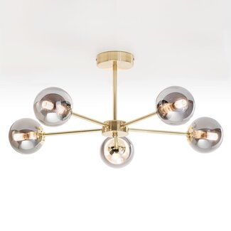 Suspension industrielle dorée avec verre gris fumé, 5 lumières - Leah