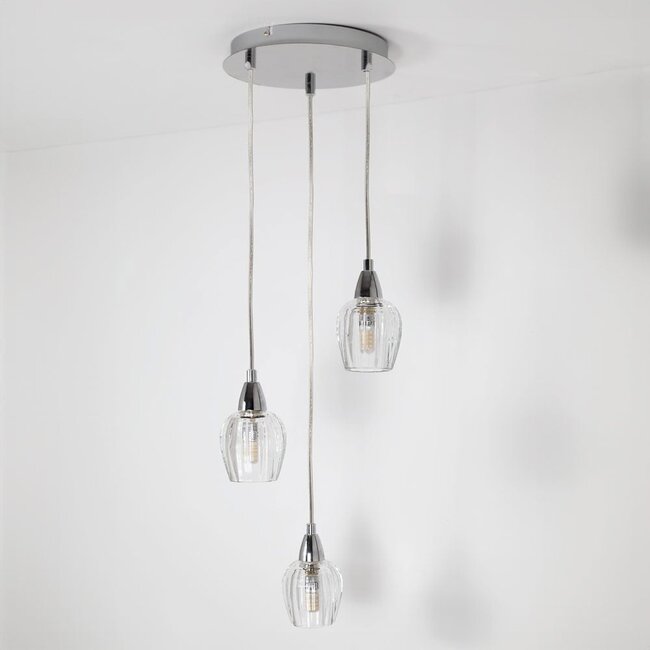 Suspension 3 lumières Virginia - chrome et verre transparent