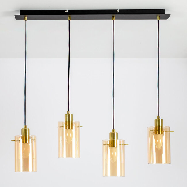 Suspension industrielle noir mat et or sable avec verre ambré 4 lumières - Tuscon