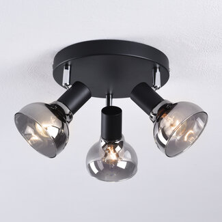 Plafonnier à spots moderne Atlanta 3 lumières, noir mat et verre fumé gris