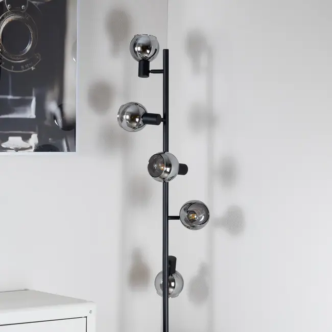 Lampadaire industriel avec 5 lumières en verre gris fumé et effet miroir - Lexington