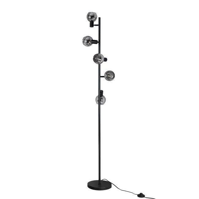 Lampadaire industriel avec 5 lumières en verre gris fumé et effet miroir - Lexington