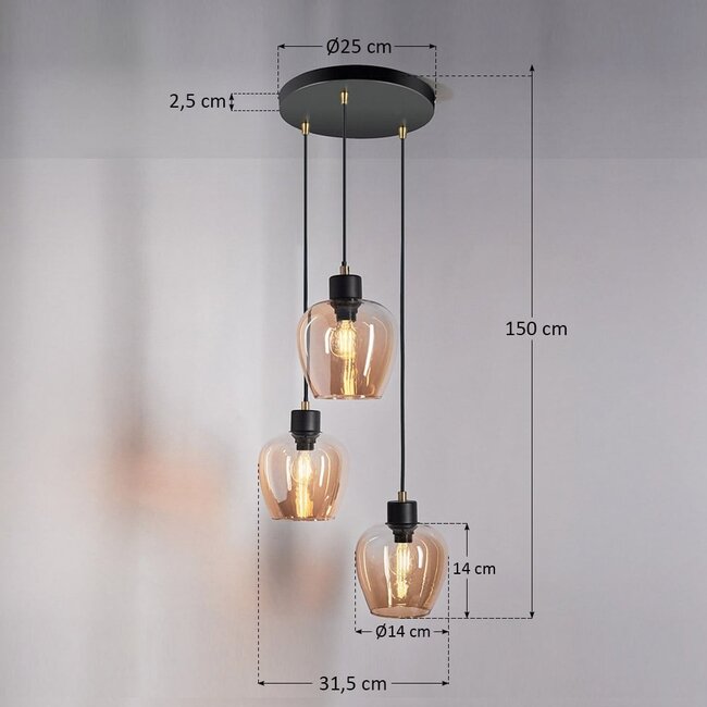 Suspension design 3 lumières Stockton - noir mat et verre ambré