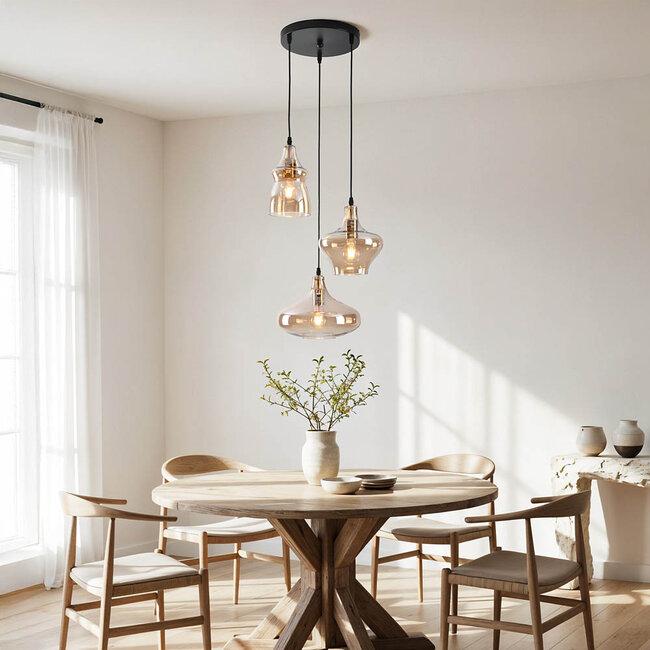 Suspension industrielle avec 3 lumières en verre ambré  - Trinidad