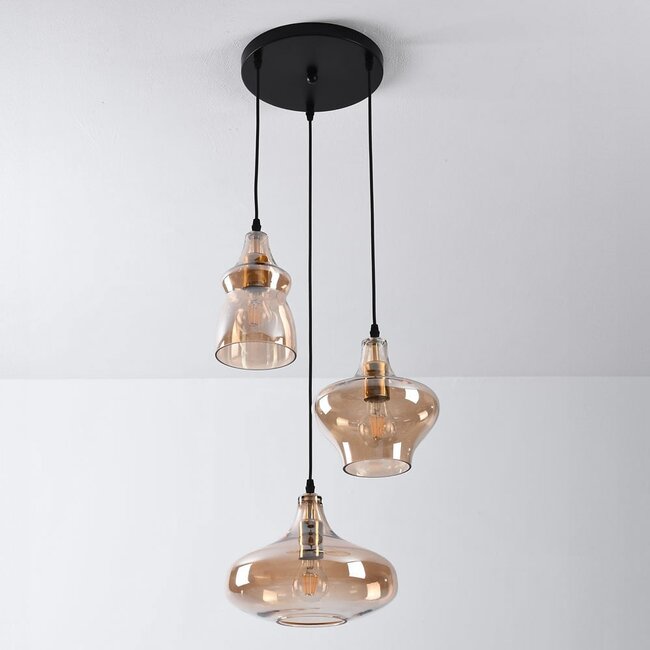Suspension industrielle avec 3 lumières en verre ambré  - Trinidad