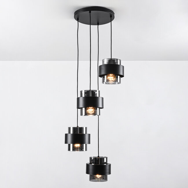 Lampe suspendue moderne noire avec verre fumé, 4 lumières - Fynna