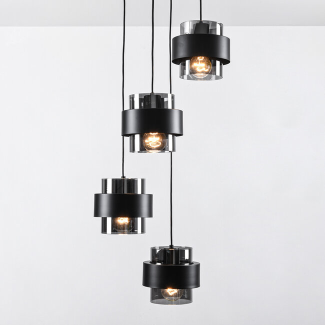 Lampe suspendue moderne noire avec verre fumé, 4 lumières - Fynna