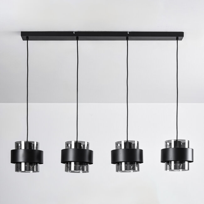 Suspension 4 lumières Faey - noir et verre fumé