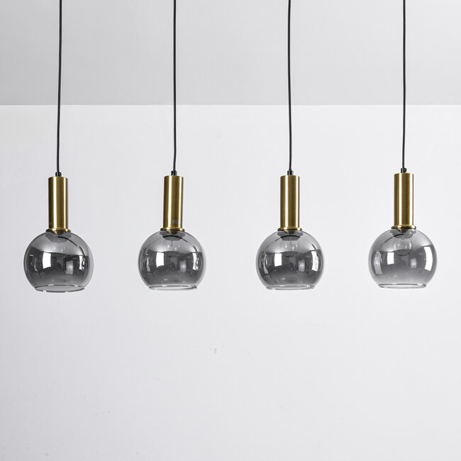 Lampe suspendue Imke noir avec détails dorés et verre fumé, 4 lumières