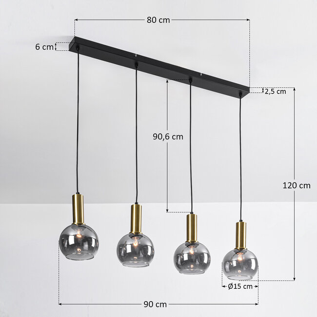 Lampe suspendue Imke noir avec détails dorés et verre fumé, 4 lumières