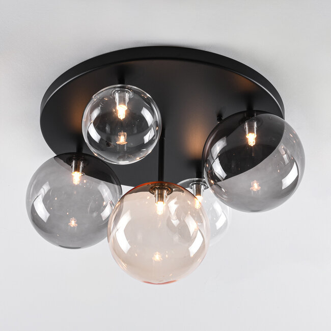 Plafonnier Lumose 5 lumières avec différentes boules de verre