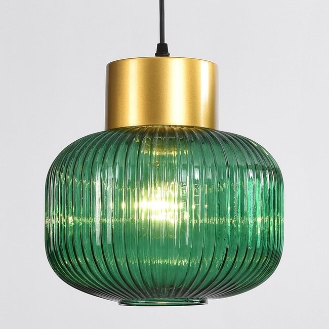 Suspension Inya 3 lumières en verre vert - vert et doré