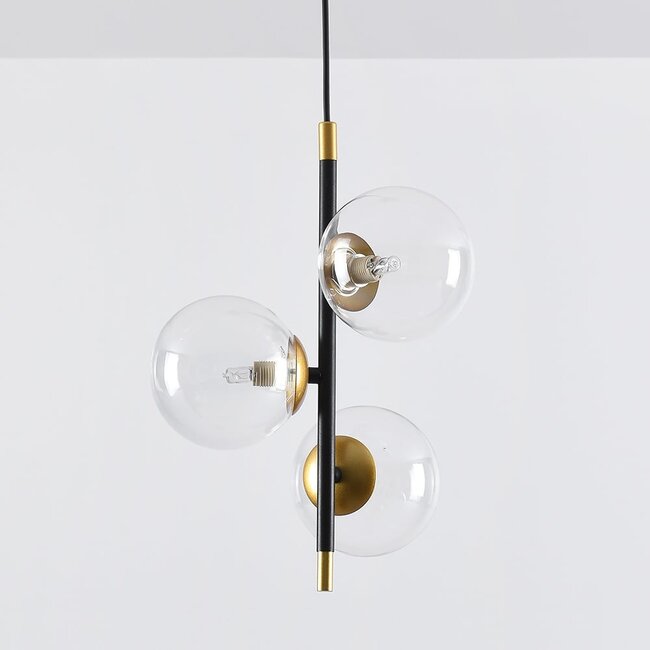 Suspension Nisrin 3 lumières en verre transparent - noir et doré