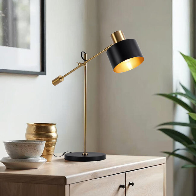 Lampe de table inclinable noire avec détails dorés - Rhys