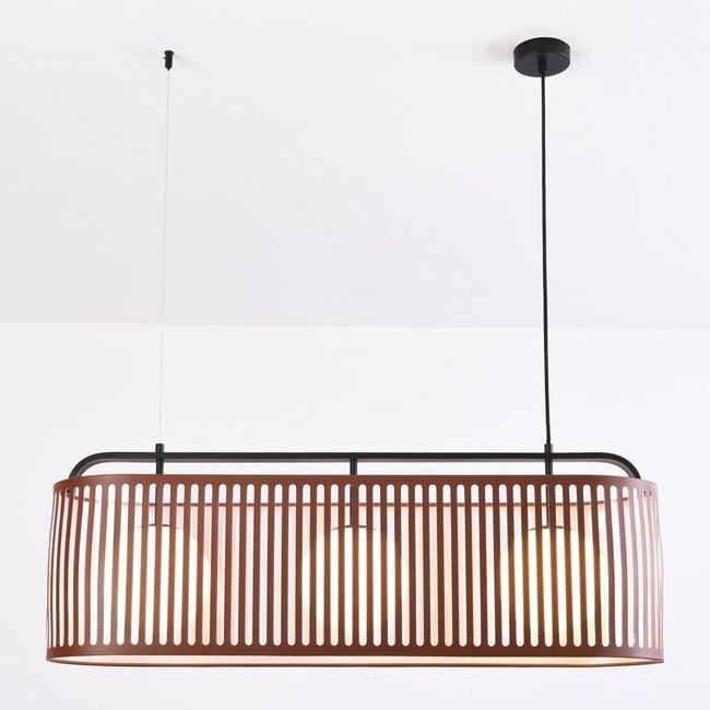 Suspension Marrone 3 lumières - abat-jour en cuir brun et verre opalin
