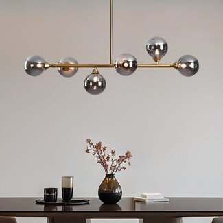 Suspension Aster 6 lumières - doré avec globes en verre fumé