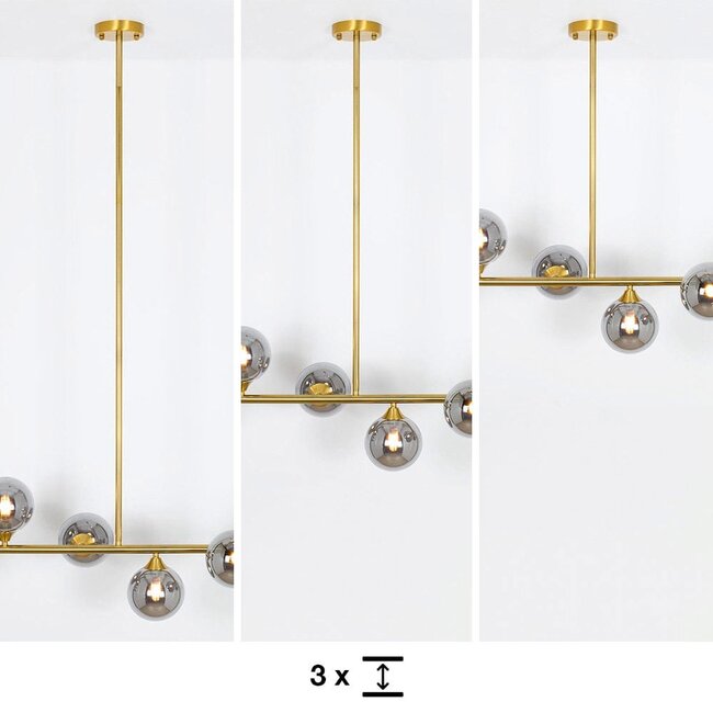 Suspension Aster 6 lumières - doré avec globes en verre fumé