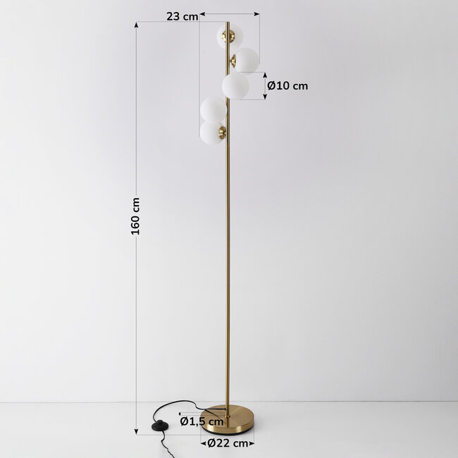 Lampadaire design Tyson 5 lumières en doré et verre blanc laiteux